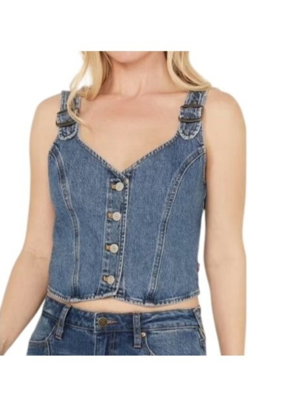 Levi's Denim Crop Top Corset Vest M Y2K Western Boho Jean Charlie Tank Button Up